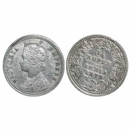Victoria Empress, Silver, 1/4 Rupee, 1879, Calcutta Mint, C/II, 'C' incused, About 1'o clo