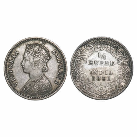 Victoria Empress, Silver, 1/4 Rupee, 1881, Bombay Mint, B/II, Dot. F. Prid 411. GK 678. Ve