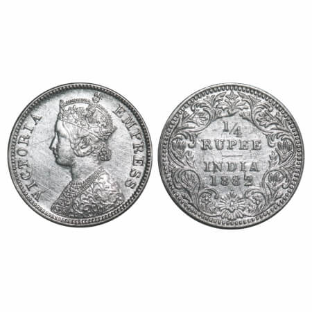 Victoria Empress, Silver, 1/4 Rupee, 1882, Bombay Mint, A/II, Dot. F. Prid 412. GK 681. Ex