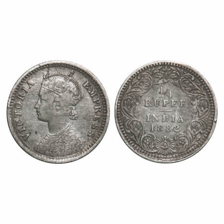 Victoria Empress, Silver, 1/4 Rupee, 1882, Calcutta Mint, C/II, 'C' incused. F. Prid 387.