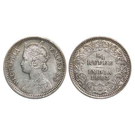Victoria Empress, Silver, 1/4 Rupee, 1883, Calcutta Mint, C/II, 'C' incused. F. Prid 388. 