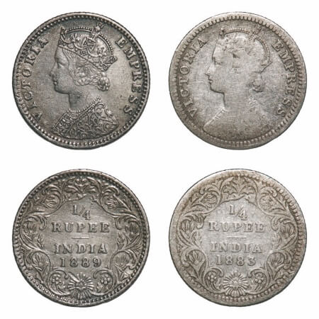 Victoria Empress, Silver, 1/4 Rupee, (2 coins), 1) 1883, Calcutta Mint, C/II, 'C' incused,