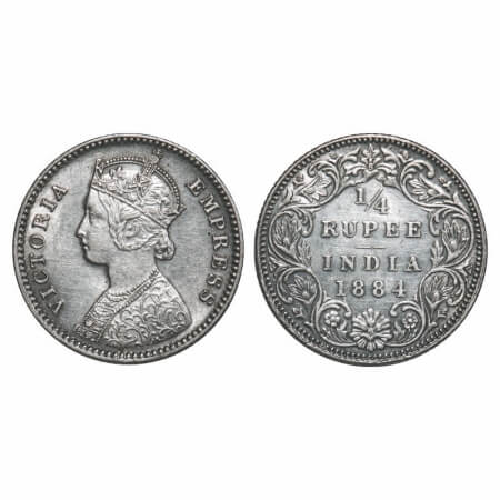 Victoria Empress, Silver, 1/4 Rupee, 1884, Bombay Mint, B/I, 'B' raised. F. Prid Unlisted.