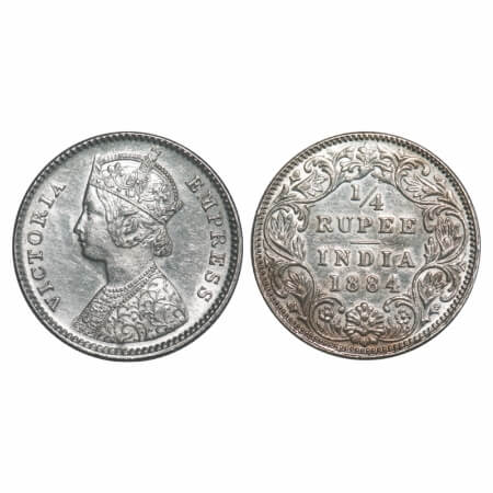 Victoria Empress, Silver, 1/4 Rupee, 1884, Bombay Mint, B/I, 'B' raised. F. Prid 416. GK 6