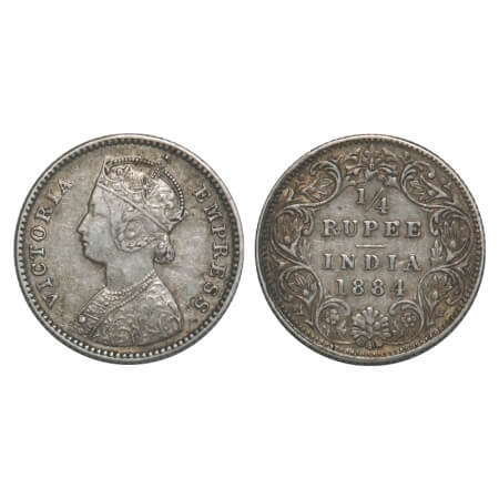 Victoria Empress, Silver, 1/4 Rupee, 1884, Bombay Mint, B/I, 'B' raised. F. Prid 416. GK 6