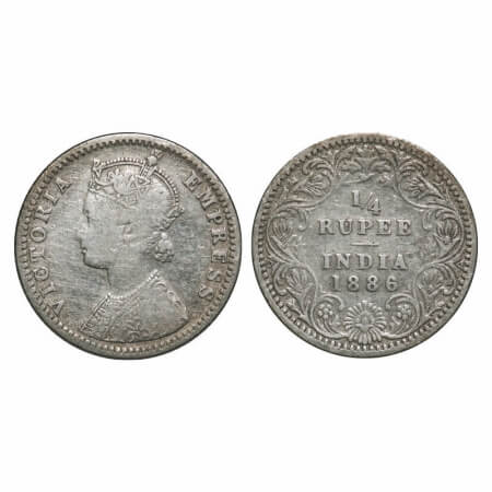 Victoria Empress, Silver, 1/4 Rupee, 1886, Calcutta Mint, C/II, No mint mark, No 'C'. F. P