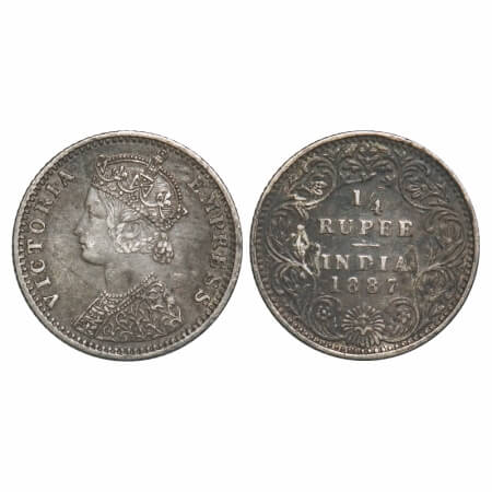 Victoria Empress, Silver, 1/4 Rupee, 1887, Bombay Mint, C(i)/II, 'B' raised. F. Prid 420.