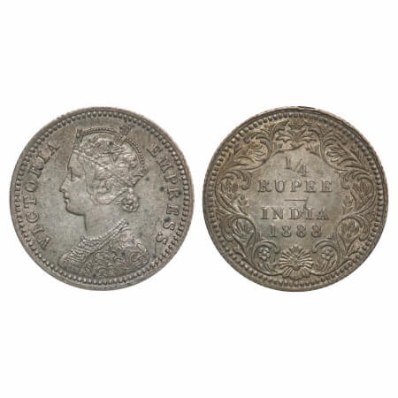 Victoria Empress, Silver, 1/4 Rupee, 1888, Calcutta Mint, C/II, No mint mark, No 'C'. F. P