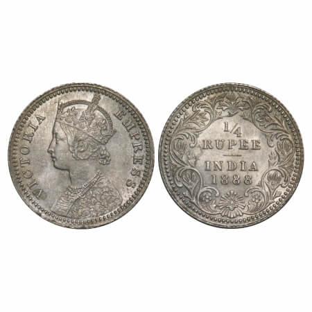 Victoria Empress, Silver, 1/4 Rupee, 1888, Calcutta Mint, C/II, No mint mark, No 'C' . F. 