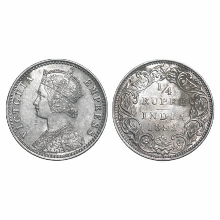 Victoria Empress, Silver, 1/4 Rupee, 1892, Bombay Mint, C(i)/I, 'B' incused. F. Prid 426. 