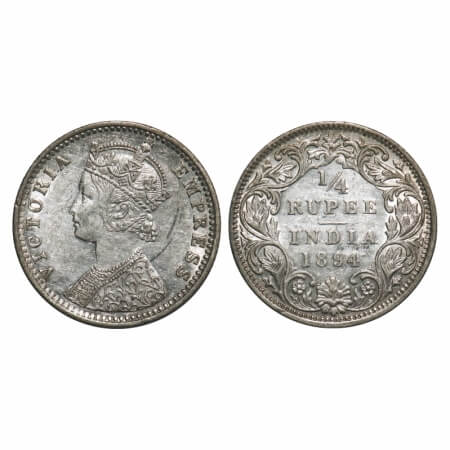 Victoria Empress, Silver, 1/4 Rupee, 1894, Bombay Mint, C(i)/I, 'B' incused. F. Prid 428. 