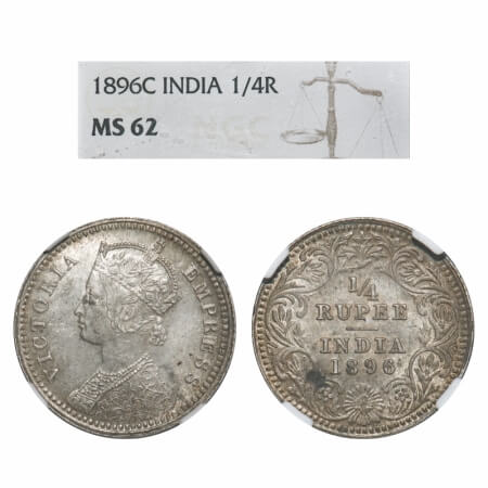 Victoria Empress, Silver, 1/4 Rupee, 1896, Calcutta Mint, C/II, 'C' incused. F. Prid 400. 