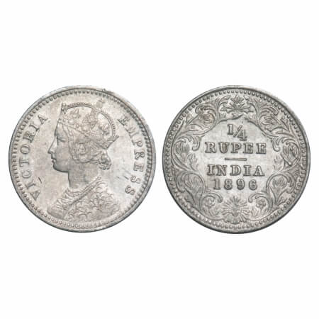 Victoria Empress, Silver, 1/4 Rupee, 1896, Calcutta Mint, C/II, 'C' incused. F. Prid 400. 