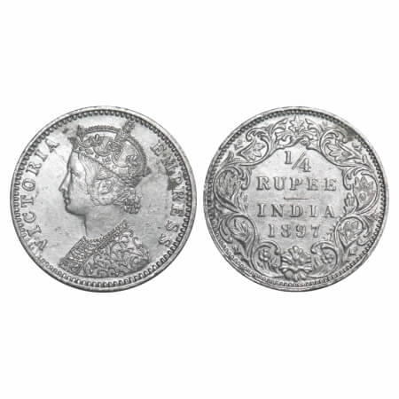 Victoria Empress, Silver, 1/4 Rupee, 1897, Bombay Mint, C(i)/I, 'B' incused. F. Prid 430. 