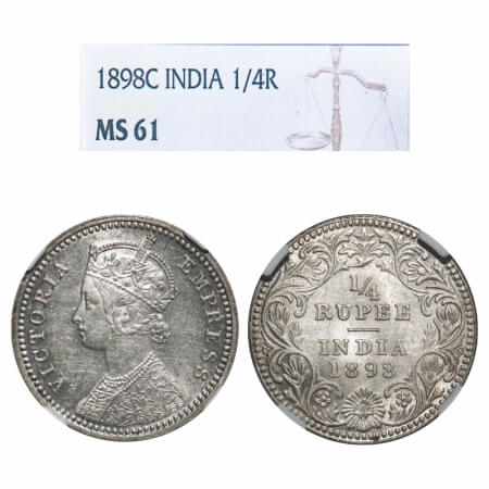 Victoria Empress, Silver, 1/4 Rupee, 1898, Calcutta Mint, C/II, 'C' incused. F. Prid 402. 