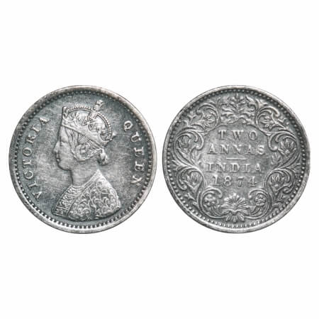 Victoria Queen, Silver, 2 Annas, 1874, Bombay Mint, A/I, No mint mark, No dot. F. Prid Unl