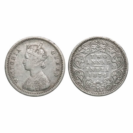 Victoria Queen, Silver, 2 Annas, 1874, Bombay Mint, A/I, No mint mark, No dot, Mechanical 