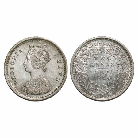 Victoria Queen, Silver, 2 Annas, 1874, Bombay Mint, A/I, No mint mark, No dot. F. Prid Unl