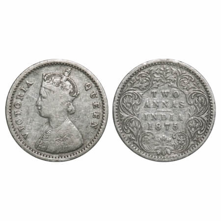 Victoria Queen, Silver, 2 Annas, 1875, Bombay Mint, A/I, No mint mark, No dot. F. Prid 517