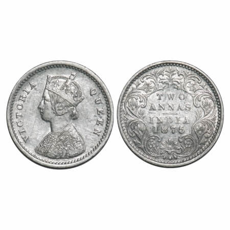 Victoria Queen, Silver, 2 Annas, 1875, Bombay Mint, A/I, No mint mark, No dot, Ghost on Re
