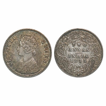 Victoria Queen, Silver, 2 Annas, 1875, Calcutta Mint, A/I, No mint mark. F. Prid 489. GK 7