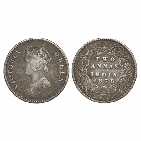 Victoria Queen, Silver, 2 Annas, 1875, Calcutta Mint, A/I, No mint mark. F. Prid 489. GK 7