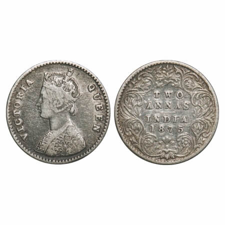 Victoria Queen, Silver, 2 Annas, 1875, Calcutta Mint, A/I, No mint mark. F. Prid 489. GK 7