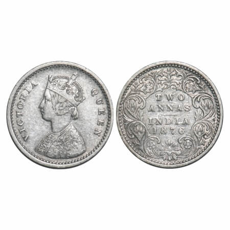 Victoria Queen, Silver, 2 Annas, 1876, Bombay Mint, A/I, No mint mark, No dot. F. Prid 518