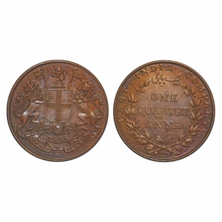 William IV, Copper, Quarter Anna, 1835, Madras Mint, A/II, Rev aligned, Wreath with 18 Ber