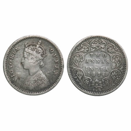 Victoria Queen, Silver, 2 Annas, 1876, Bombay Mint, A/I, No mint mark, No dot. F. Prid 518