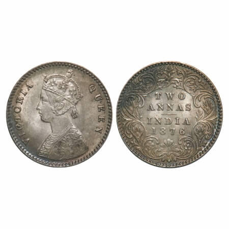 Victoria Queen, Silver, 2 Annas, 1876, Calcutta Mint, A/I, No mint mark. F. Prid 490. GK 7