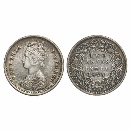 Victoria Empress, Silver, 2 Annas, 1877, Bombay Mint, A/I, Dot. F. Prid 520. GK 746. Very 