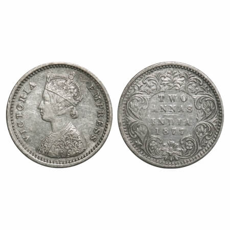 Victoria Empress, Silver, 2 Annas, 1877, Bombay Mint, A/I, Dot. F. Prid 520. GK 746. About