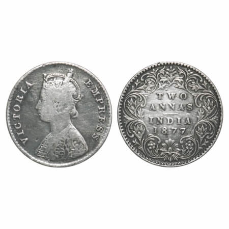 Victoria Empress, Silver, 2 Annas, 1877, Calcutta Mint, A/I, No mint mark. F. Prid 491. GK