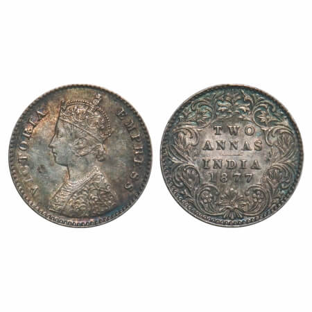 Victoria Empress, Silver, 2 Annas, 1877, Calcutta Mint, A/I, No mint mark. F. Prid 491. GK
