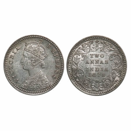 Victoria Empress, Silver, 2 Annas, 1878, Calcutta Mint, B/II, No mint mark. F. Prid 493. G