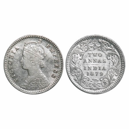 Victoria Empress, Silver, 2 Annas, 1879, Calcutta Mint, B/II, 'C' incused. F. Prid 494. GK