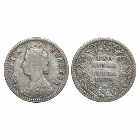 Victoria Empress, Silver, 2 Annas, 1879, Calcutta Mint, B/II, 'C' incused. F. Prid 494. GK