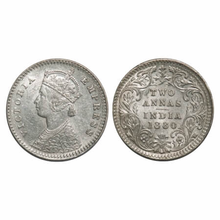 Victoria Empress, Silver, 2 Annas, 1880, Calcutta Mint, B/II, 'C' incused. F. Prid 495. GK