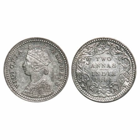 Victoria Empress, Silver, 2 Annas, 1881, Bombay Mint, B/II, Dot, Ghost on Rev. F. Prid 524