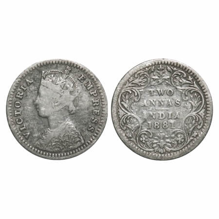 Victoria Empress, Silver, 2 Annas, 1881, Bombay Mint, B/II, Dot. F. Prid 524. GK 757. Fine