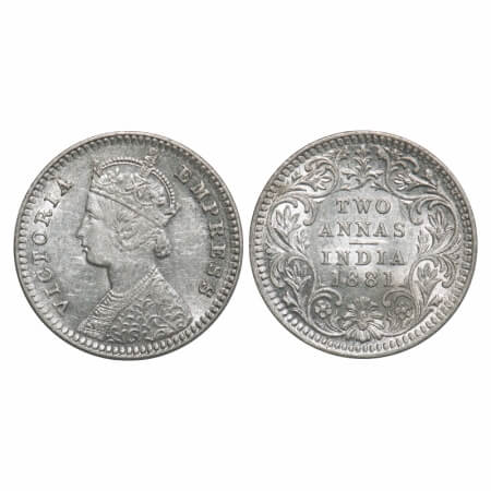 Victoria Empress, Silver, 2 Annas, 1881, Calcutta Mint, B/II, 'C' incused. F. Prid 496. GK