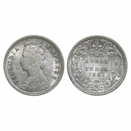 Victoria Empress, Silver, 2 Annas, 1881, Calcutta Mint, B/II, 'C' incused, Die crack on Ob