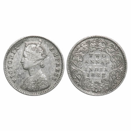 Victoria Empress, Silver, 2 Annas, 1882, Bombay Mint, A/I, Dot. F. Prid 525. GK 759. Very 