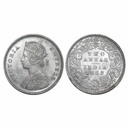 Victoria Empress, Silver, 2 Annas, 1882, Bombay Mint, A/I, Dot. F. Prid 525. GK 759. Almos