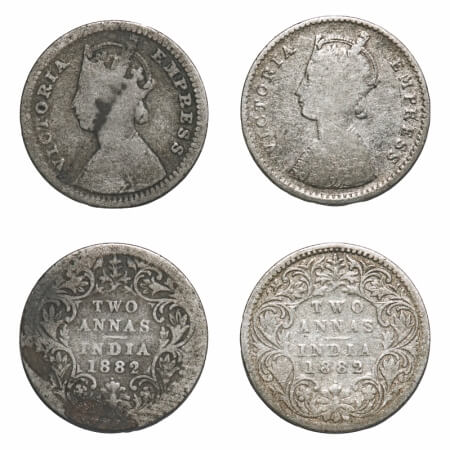 Victoria Empress, Silver, 2 Annas, (2 coins), 1882, Bombay Mint, 1) A/I, Dot, 2) B/I, Dot.