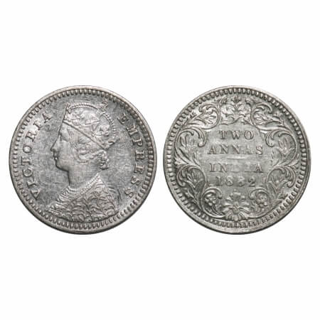 Victoria Empress, Silver, 2 Annas, 1882, Bombay Mint, B/II, Dot, Ghost on Rev. F. Prid 527