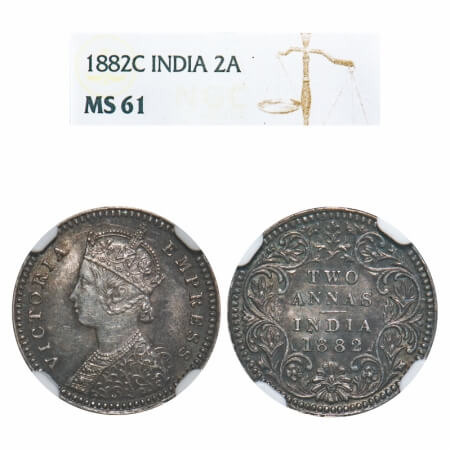 Victoria Empress, Silver, 2 Annas, 1882, Calcutta Mint, B/II, 'C' incused. F. Prid 497. GK