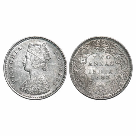 Victoria Empress, Silver, 2 Annas, 1883, Bombay Mint, A/I, Dot. F. Prid 529. GK 765. Almos