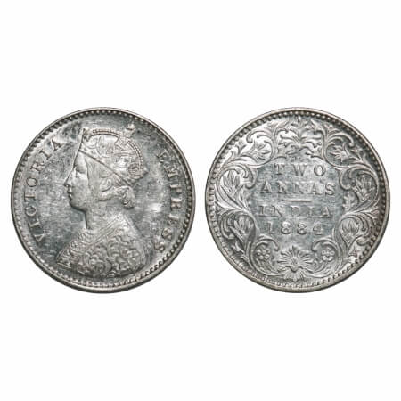 Victoria Empress, Silver, 2 Annas, 1884, Bombay Mint, A/I, No dot, Die crack on Obv, Mecha